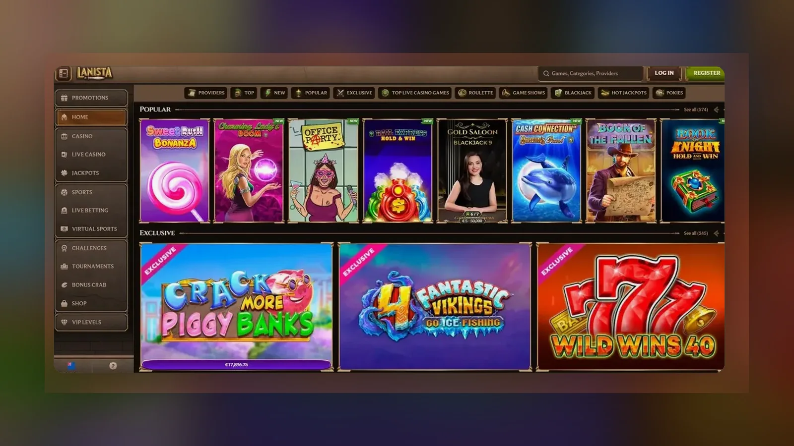 Lobby dopo l'accesso con le slot in primo piano