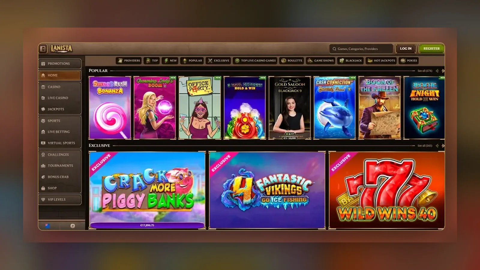 Lobby slot di Lanista con filtri per provider e giochi